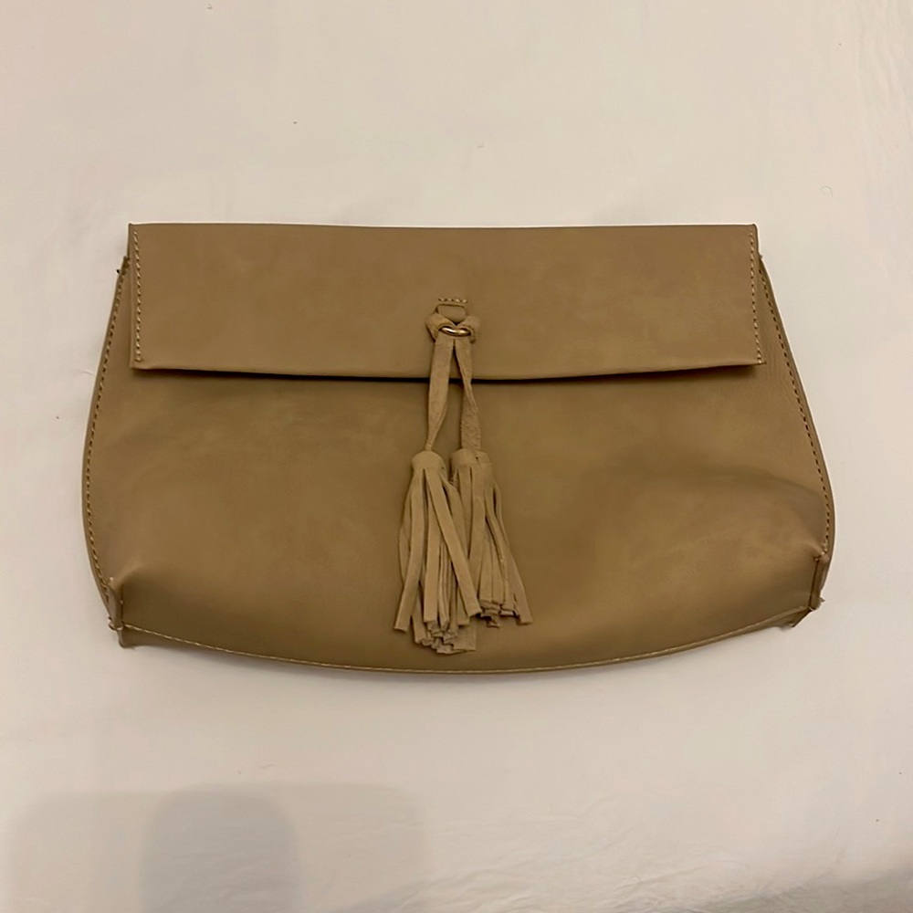 Genuine Leather Light Tan Tassel Clutch